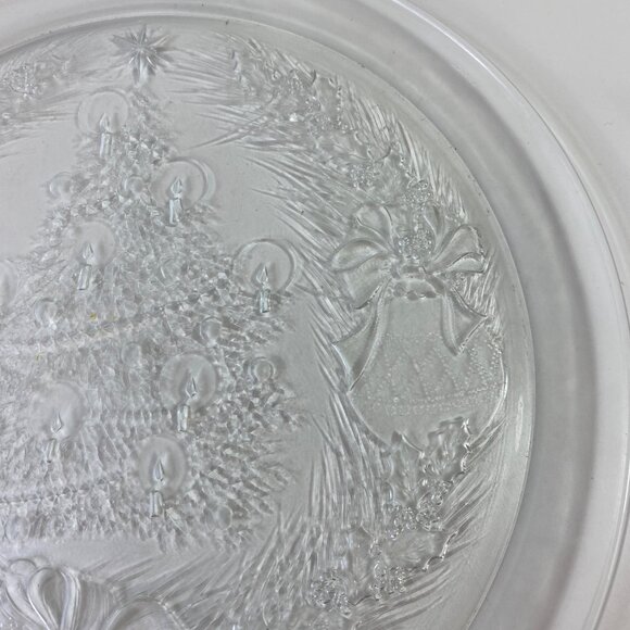 Vintage Clear Glass Christmas Tree Platter With Garlands Bows Bell Design - Picture 7 of 8